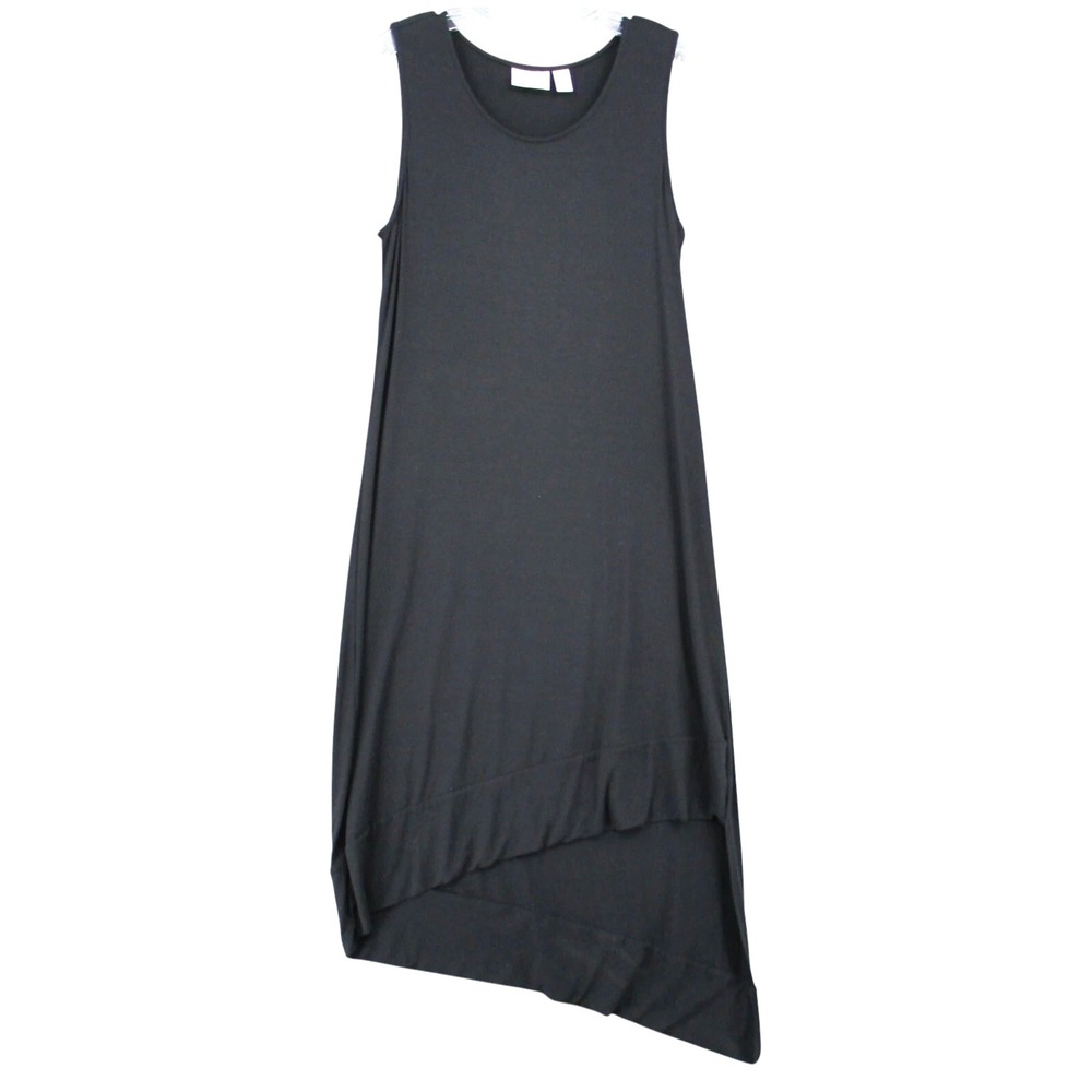 Chicos Sleeveless Black Knit Midi Dress Sz 1 (M) Hi-Lo Hem Minimalist Lagenlook